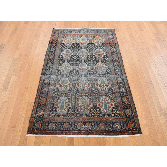 Antique Wool Hand Knotted Rug Blue Blue 4.1X6.4 -O078073