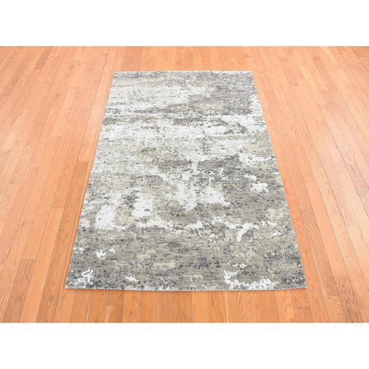 Modern and Contemporary Wool & Silk Hand Knotted Rug Green No Border 4.0X6.0 -O078078