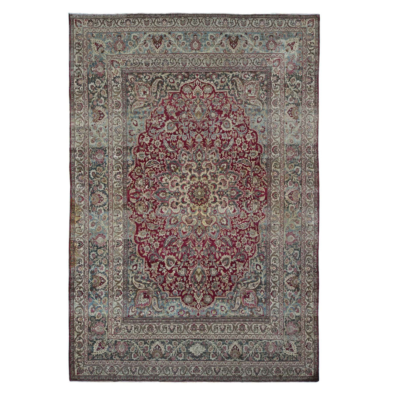 Antique Wool Hand Knotted Rug Red Black 8.9X12.6 -O078083