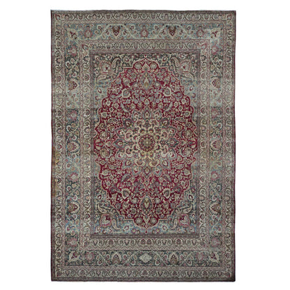 Antique Wool Hand Knotted Rug Red Black 8.9X12.6 -O078083