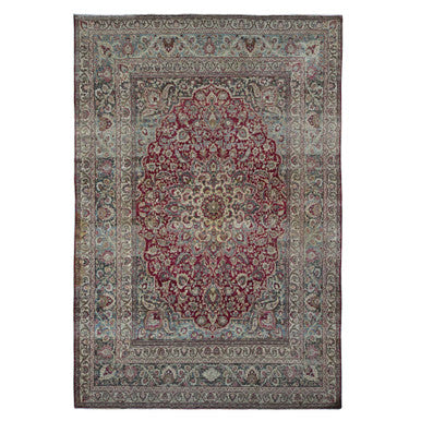 Antique Wool Hand Knotted Rug Red Black 8.9X12.6 -O078083