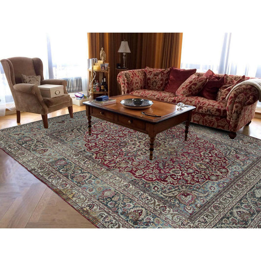 Antique Wool Hand Knotted Rug Red Black 8.9X12.6 -O078083