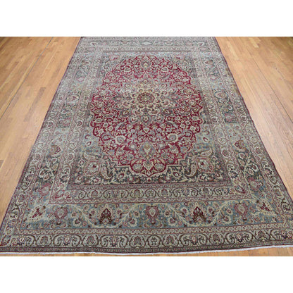 Antique Wool Hand Knotted Rug Red Black 8.9X12.6 -O078083