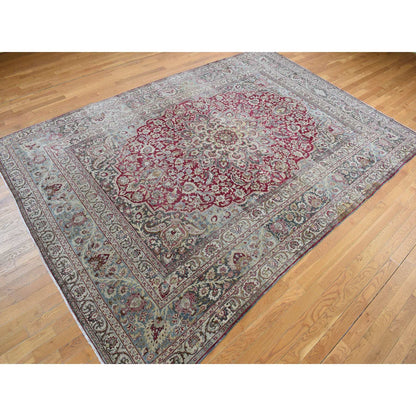 Antique Wool Hand Knotted Rug Red Black 8.9X12.6 -O078083
