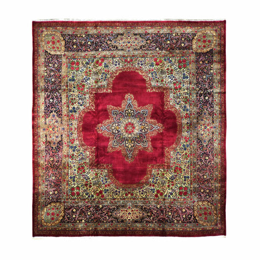Antique Wool Hand Knotted Rug Red Black 11.8X13.2 -O078084