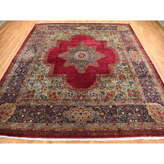 Antique Wool Hand Knotted Rug Red Black 11.8X13.2 -O078084