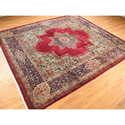 Antique Wool Hand Knotted Rug Red Black 11.8X13.2 -O078084
