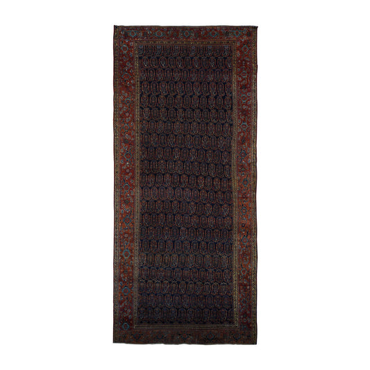Antique Wool Hand Knotted Rug Blue Red 7.1X16.3 -O078088