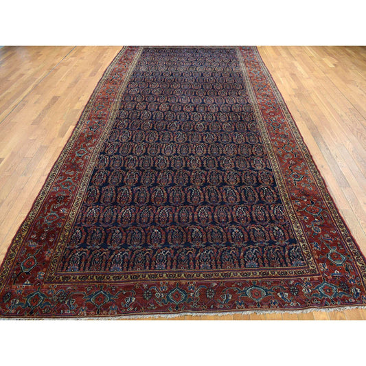 Antique Wool Hand Knotted Rug Blue Red 7.1X16.3 -O078088