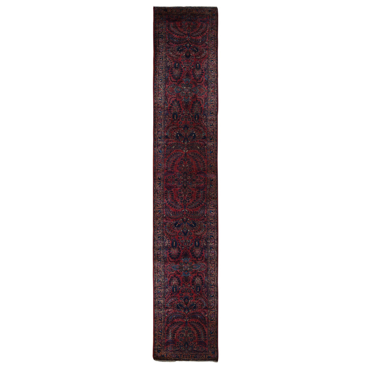 Antique Wool Hand Knotted Rug Red Blue 2.2X13.1 -O078090