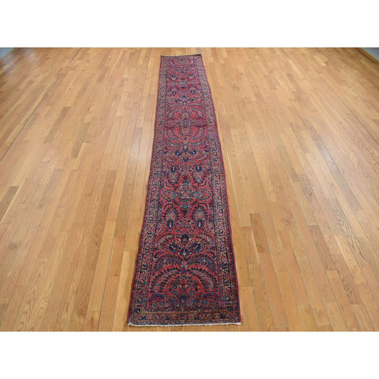 Antique Wool Hand Knotted Rug Red Blue 2.2X13.1 -O078090