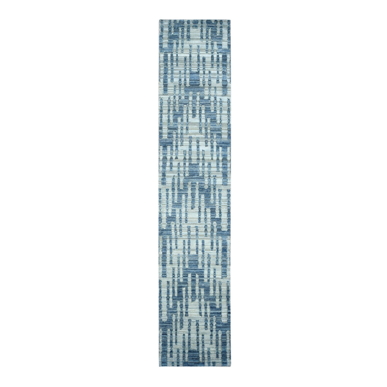 Blue 2'6" x 12'3" Modern and Contemporary Hand knotted Wool/Silk Rug - Sku: O078096