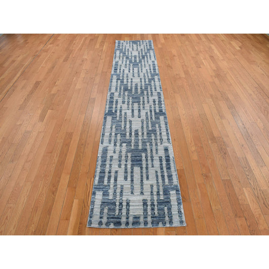 Modern and Contemporary Wool & Silk Hand Knotted Rug Blue No Border 2.6X12.3 -O078096