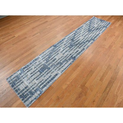 Modern and Contemporary Wool & Silk Hand Knotted Rug Blue No Border 2.6X12.3 -O078096
