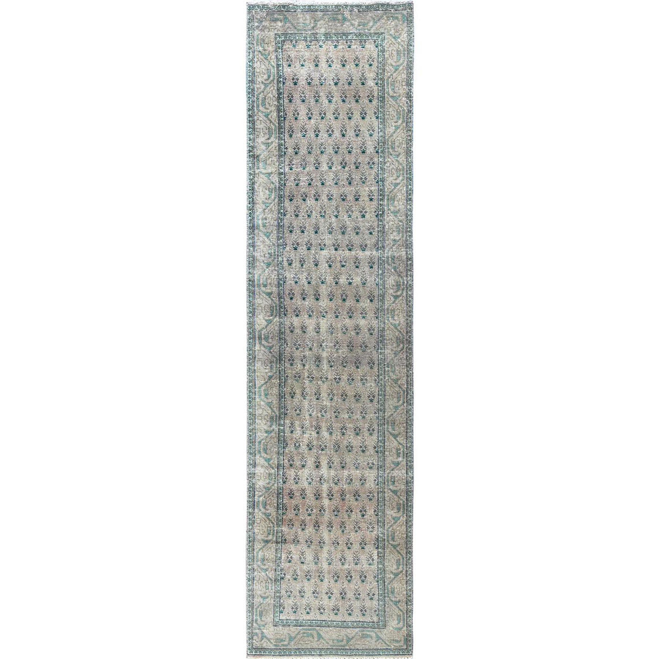 Overdyed & Vintage Wool Hand Knotted Rug Brown 3.2x12.6 -O0780