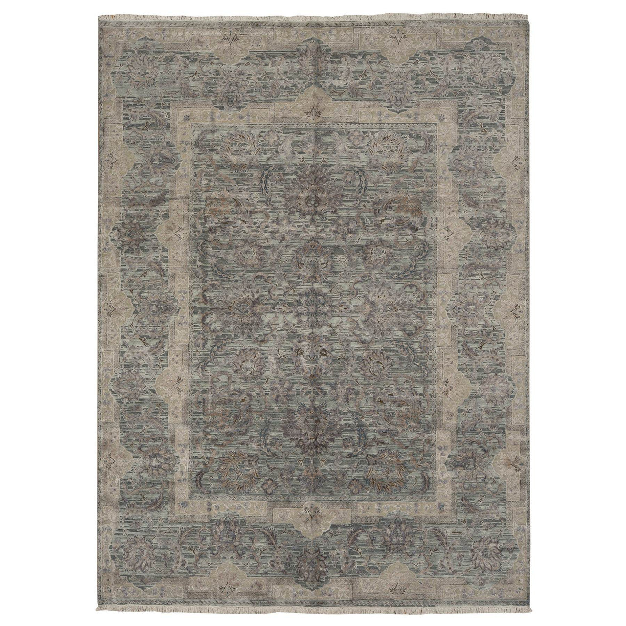 Oushak And Peshawar Wool & Silk Hand Knotted Rug Green Gray 8.10X11.10 -O078111