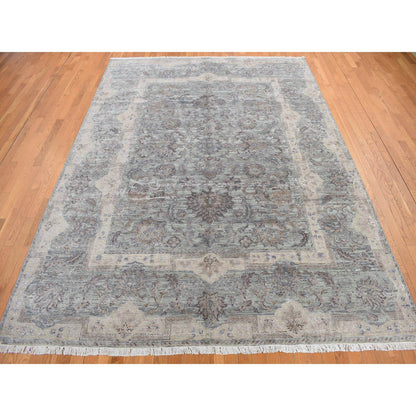 Oushak And Peshawar Wool & Silk Hand Knotted Rug Green Gray 8.10X11.10 -O078111