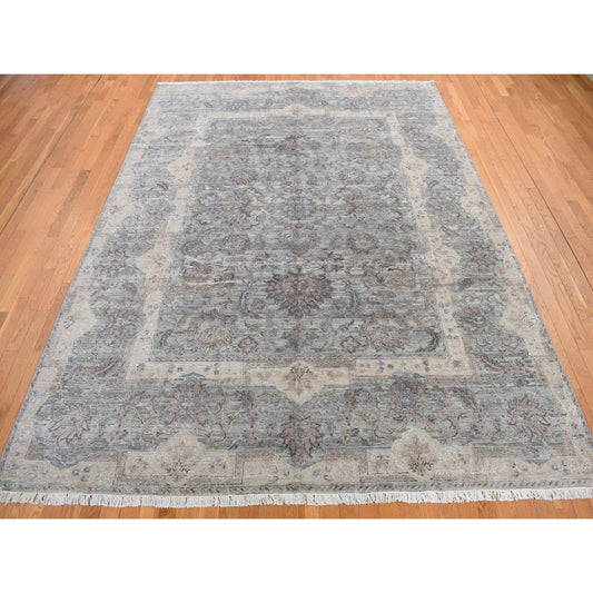 Oushak And Peshawar Wool & Silk Hand Knotted Rug Green Gray 8.10X11.10 -O078111