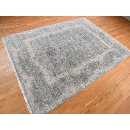 Oushak And Peshawar Wool & Silk Hand Knotted Rug Green Gray 8.10X11.10 -O078111