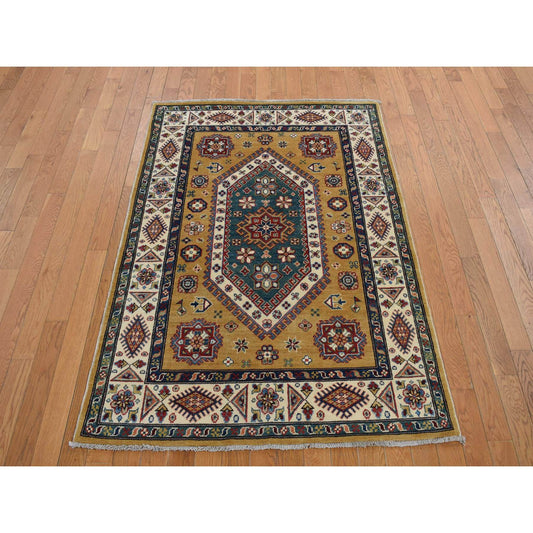 Kazak Wool Hand Knotted Rug Yellow White 4.0X5.7 -O078115