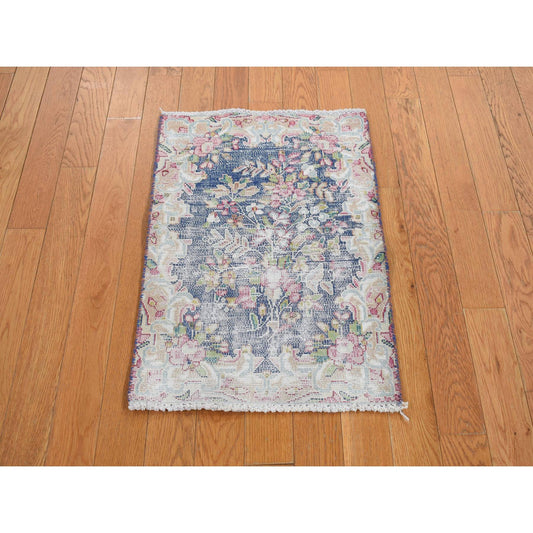 Overdyed & Vintage Wool Hand Knotted Rug Blue Tan Color 1.7X2.2 -O078120