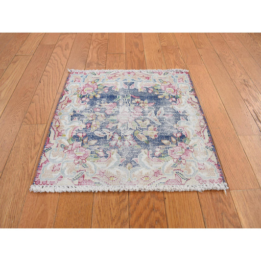 Overdyed & Vintage Wool Hand Knotted Rug Blue No Border 1.6X1.7 -O078122