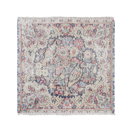 Overdyed & Vintage Wool Hand Knotted Rug Blue Beige 1.7X1.7 -O078123