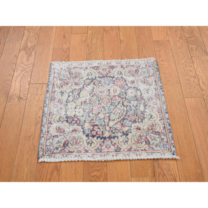 Overdyed & Vintage Wool Hand Knotted Rug Blue Beige 1.7X1.7 -O078123