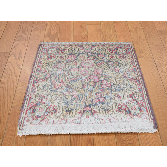 Overdyed & Vintage Wool Hand Knotted Rug Blue Beige 1.8X1.9 -O078124