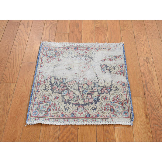Overdyed & Vintage Wool Hand Knotted Rug Blue Beige 1.7X1.8 -O078125