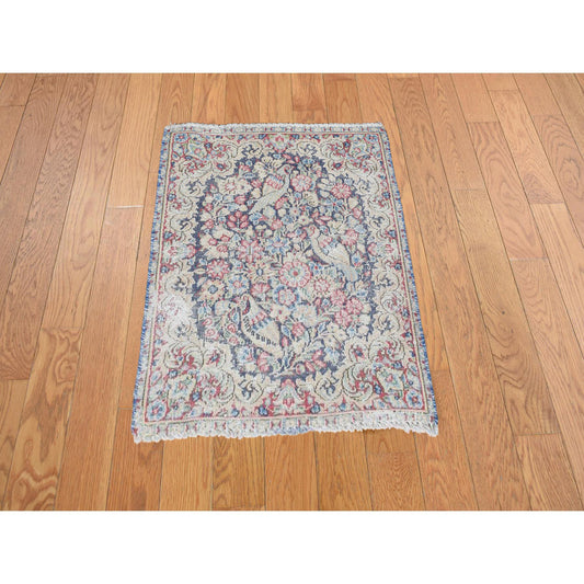 Overdyed & Vintage Wool Hand Knotted Rug Blue Beige 1.8X2.2 -O078129