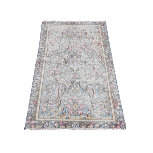 Overdyed & Vintage Wool Hand Knotted Rug Blue Gray 1.9X3.7 -O078133