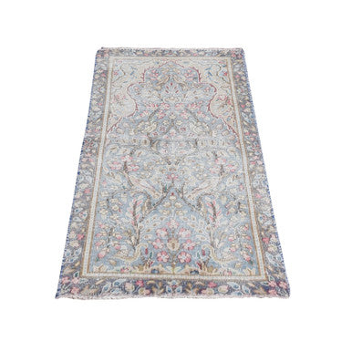 Overdyed & Vintage Wool Hand Knotted Rug Blue Gray 1.9X3.7 -O078133