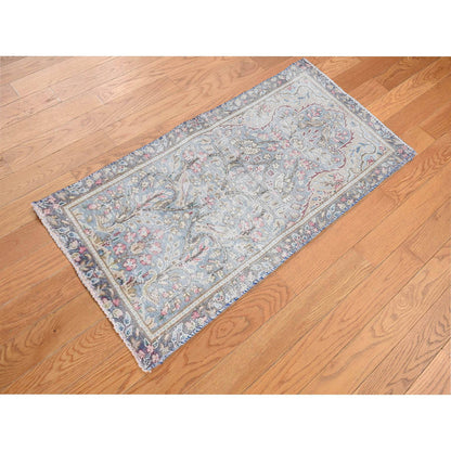 Overdyed & Vintage Wool Hand Knotted Rug Blue Gray 1.9X3.7 -O078133