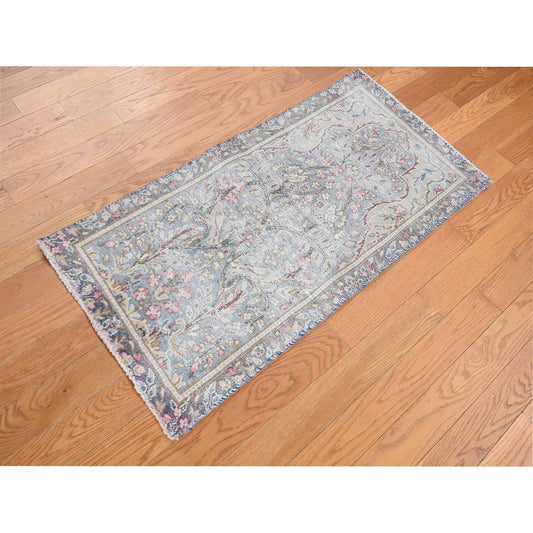 Overdyed & Vintage Wool Hand Knotted Rug Blue Gray 1.9X3.7 -O078133