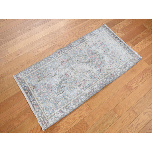 Overdyed & Vintage Wool Hand Knotted Rug Blue Navy Blue 1.10X3.7 -O078134