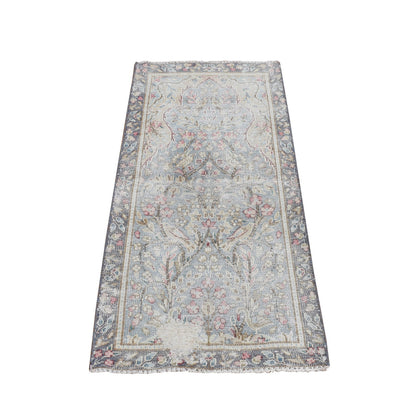 Overdyed & Vintage Wool Hand Knotted Rug Blue Gray 1.9X3.7 -O078135