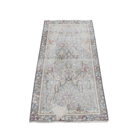 Overdyed & Vintage Wool Hand Knotted Rug Blue Gray 1.9X3.7 -O078135