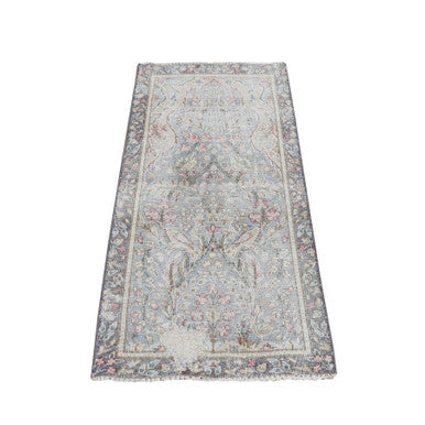 Overdyed & Vintage Wool Hand Knotted Rug Blue Gray 1.9X3.7 -O078135