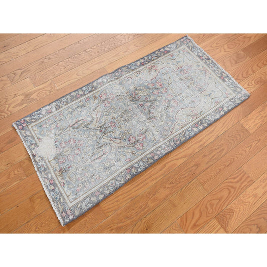 Overdyed & Vintage Wool Hand Knotted Rug Blue Gray 1.9X3.7 -O078135