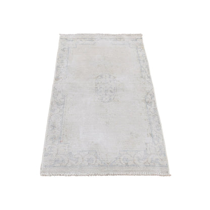 Overdyed & Vintage Wool Hand Knotted Rug Ivory Blue 1.7X3.7 -O078138
