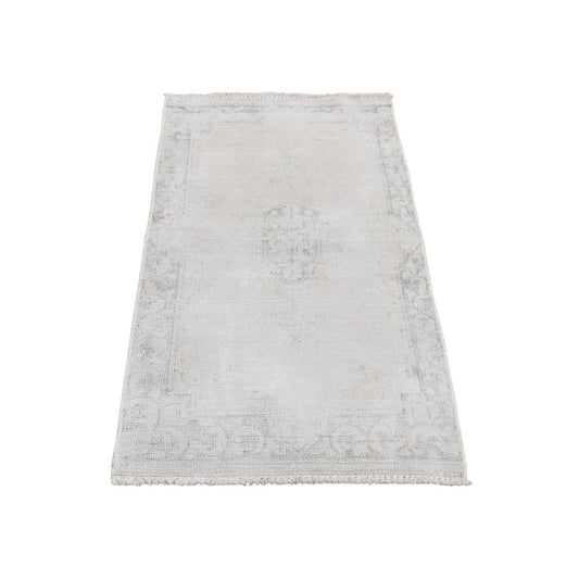 Overdyed & Vintage Wool Hand Knotted Rug Ivory Blue 1.7X3.7 -O078138