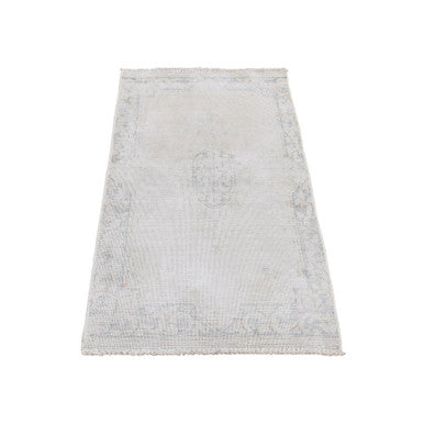 Overdyed & Vintage Wool Hand Knotted Rug Ivory Blue 1.7X3.7 -O078138