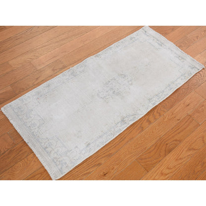 Overdyed & Vintage Wool Hand Knotted Rug Ivory Blue 1.7X3.7 -O078138