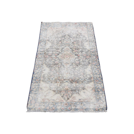 Overdyed & Vintage Worn Wool Hand Knotted Rug Ivory Blue 1.10X3.9 -O078139