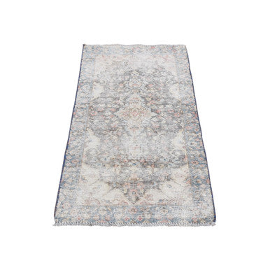 Overdyed & Vintage Worn Wool Hand Knotted Rug Ivory Blue 1.10X3.9 -O078139