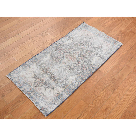 Overdyed & Vintage Worn Wool Hand Knotted Rug Ivory Blue 1.10X3.9 -O078139