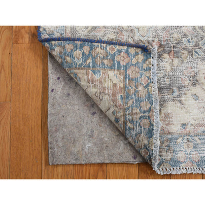 Overdyed & Vintage Worn Wool Hand Knotted Rug Ivory Blue 1.10X3.9 -O078139