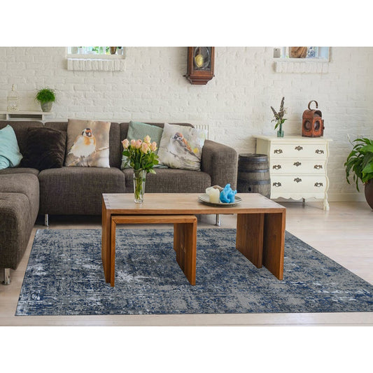 Modern and Contemporary Wool & Silk Hand Knotted Rug Blue No Border 9.0X12.0 -O078154