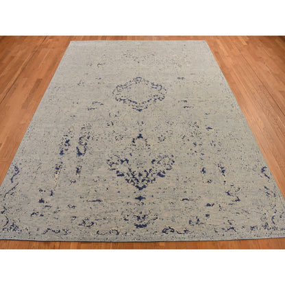 Transitional Wool & Silk Hand Knotted Rug Blue No Border 8.8X12.1 -O078158